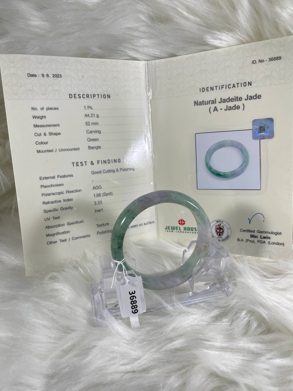 Grade A Natural Jade Bangle with certificate #36889