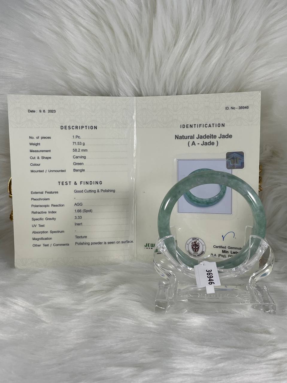 Grade A Natural Jade Bangle with certificate #36946