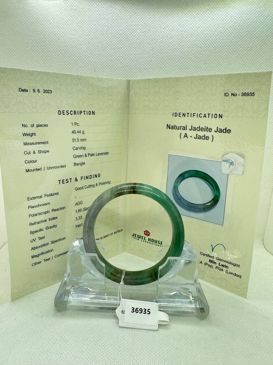Grade A Natural Jade Bangle with certificate #36935